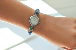 Emerald & Blue Silver-Toned Watch